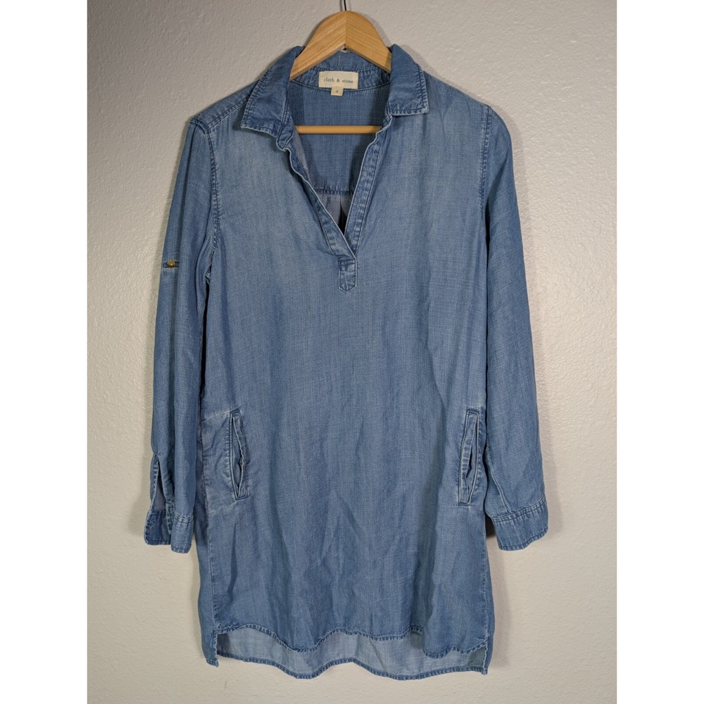 Cloth & Stone Chambray Shirt Dress Long Sleeve Blue Small‎ V-Neck Collared 106